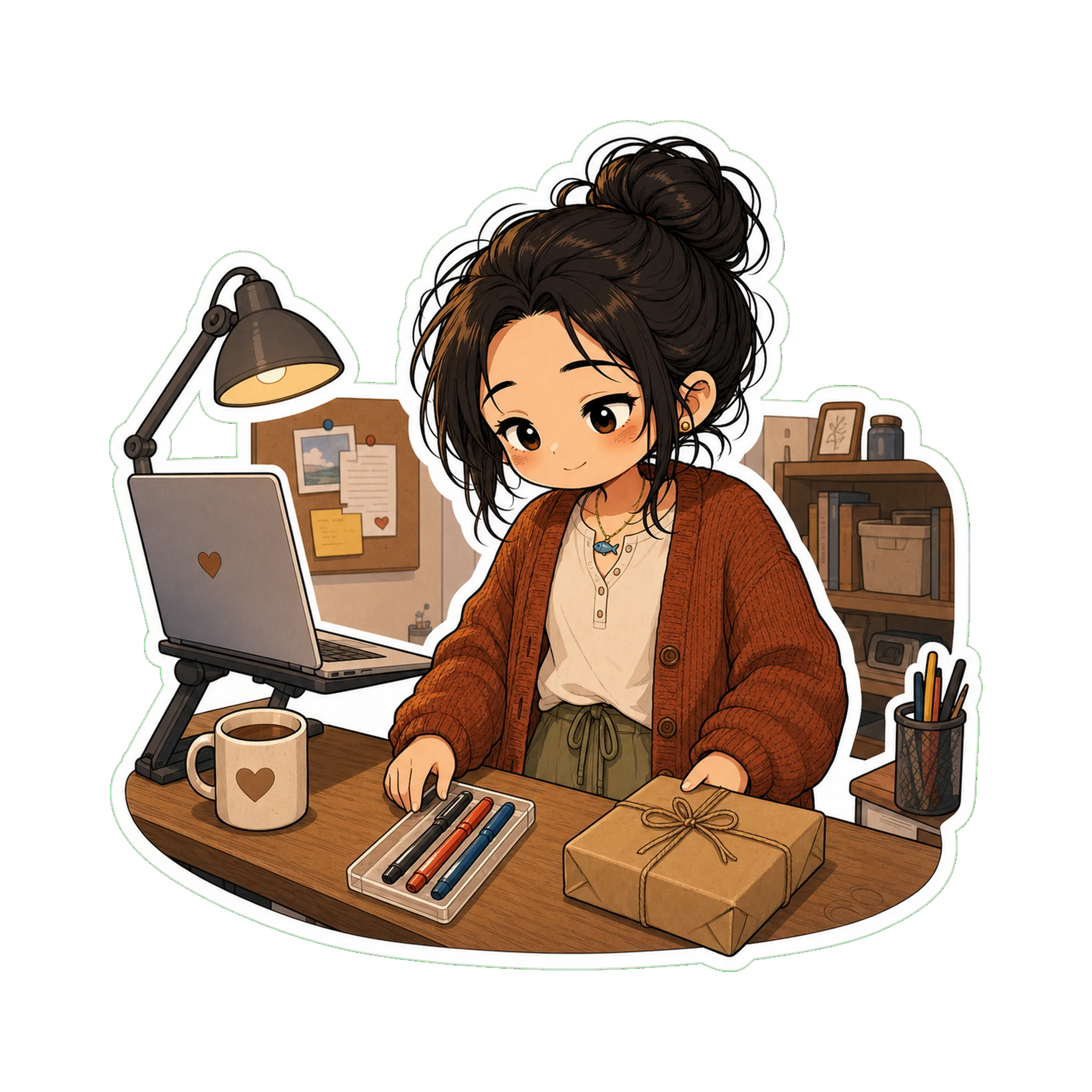 Jan at the standing desk,  in front of her — Japanese felt-tip, the small specific kind Mom likes