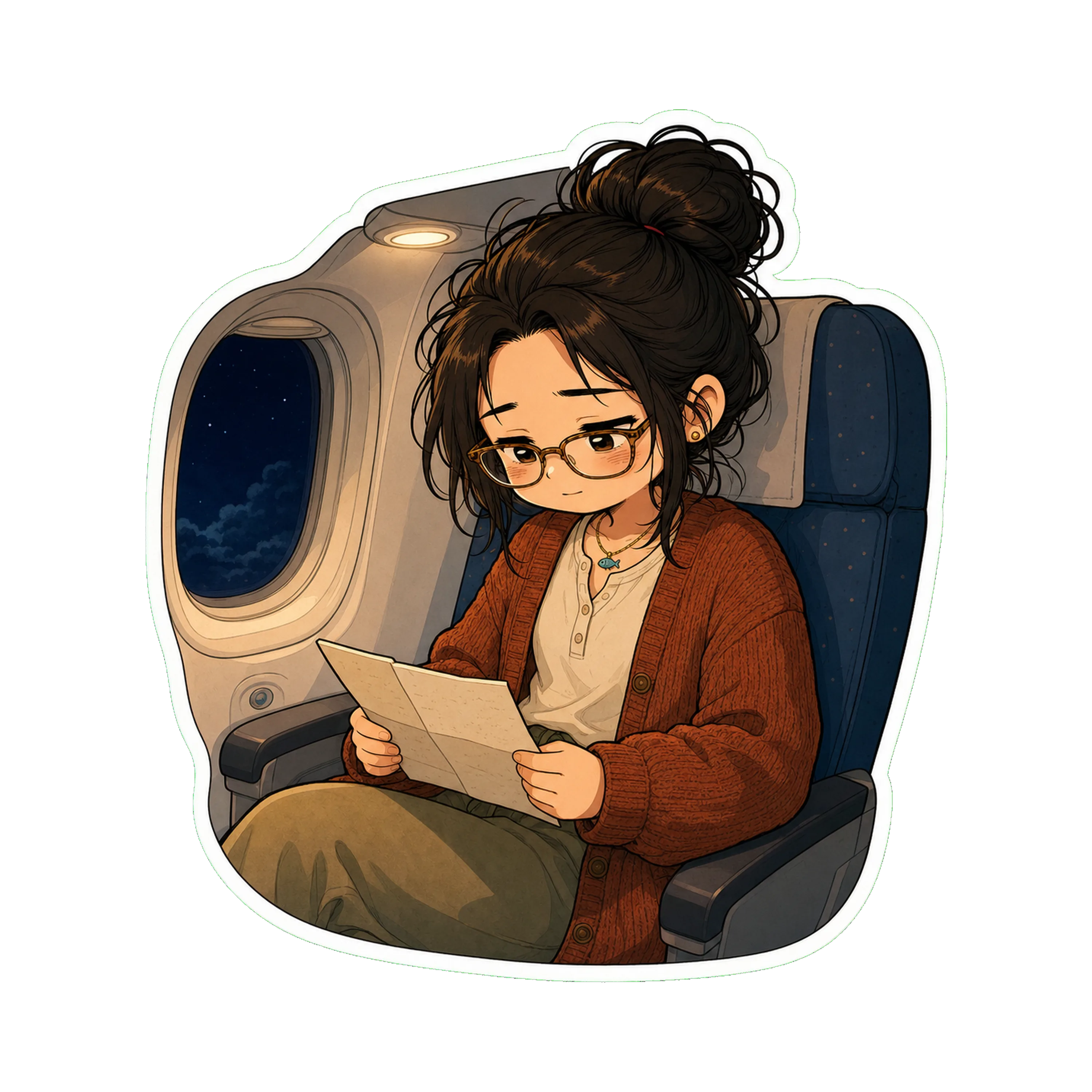 Jan in the window seat of the Pacific flight, eight hours in
