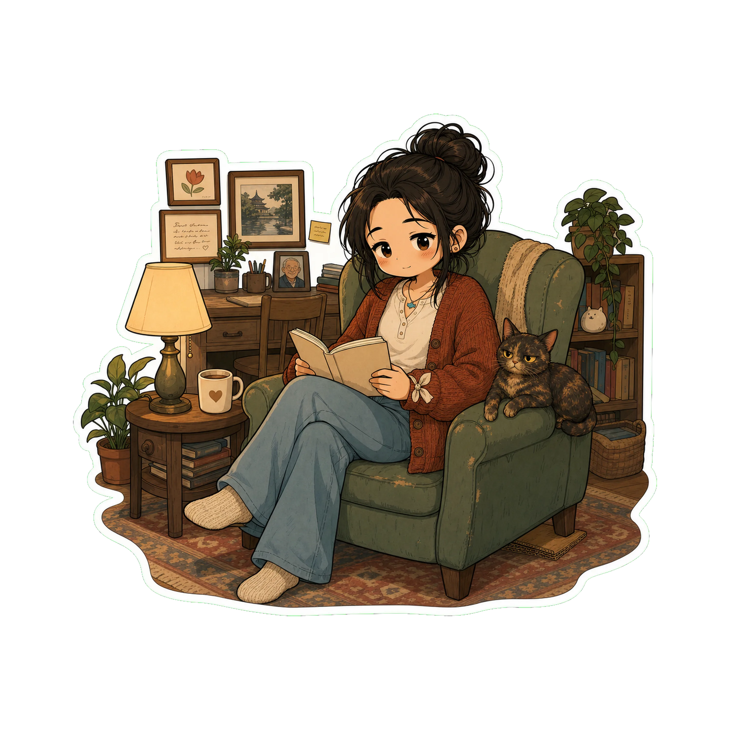 Jan in the chair (the slightly crooked beloved one), morning