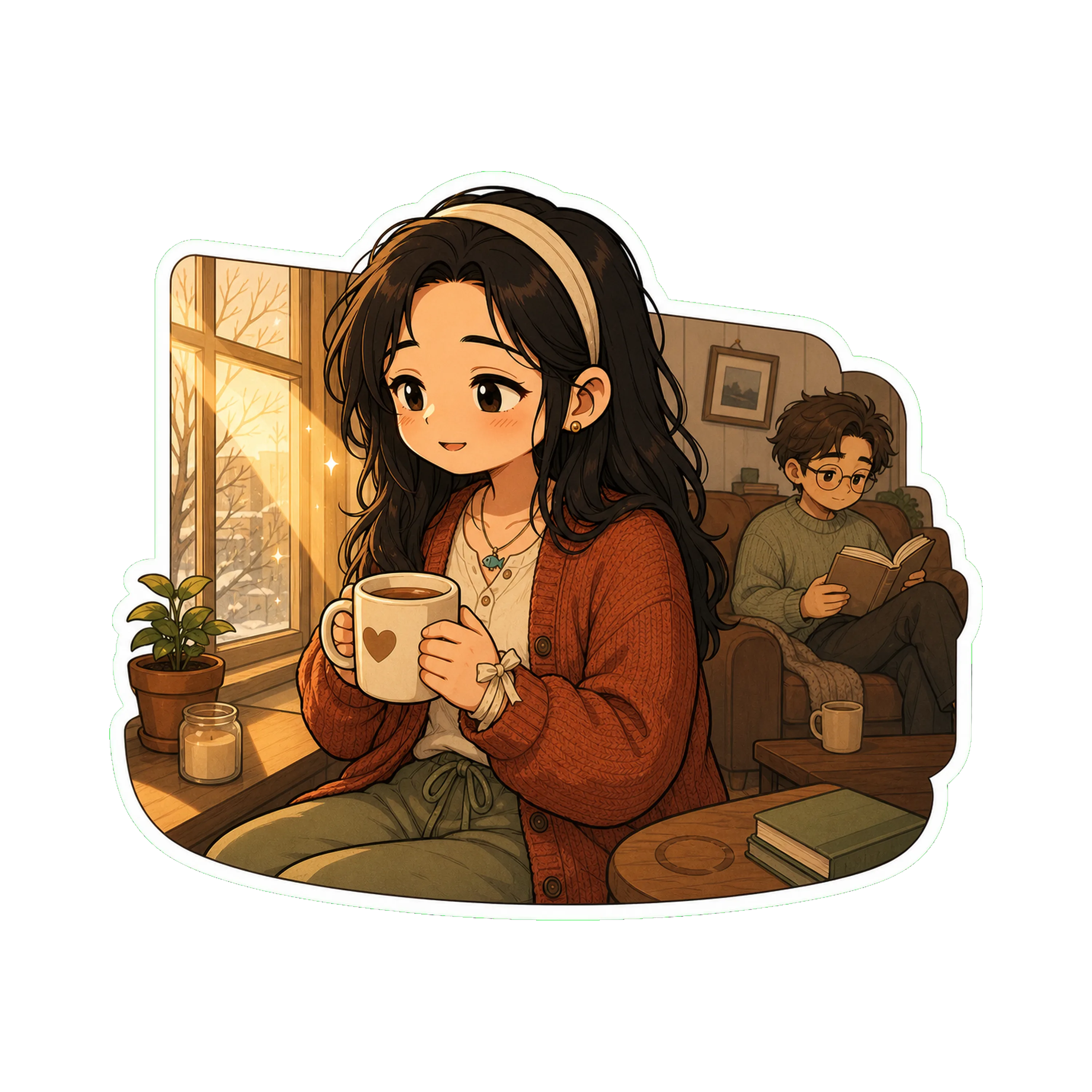 Jan by the window in Sunday-at-four light, holding tea —  , the eighth one — Jan at the window in the foreground (the canonical pose), August in soft background on the couch rea…