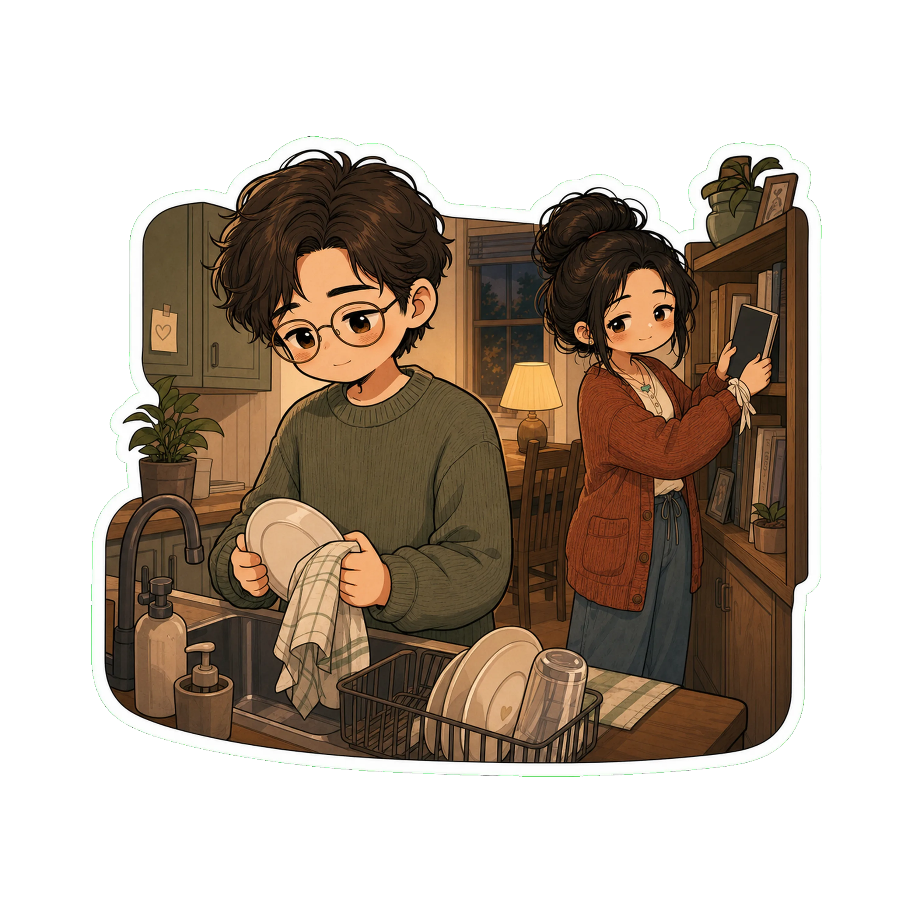 August at the kitchen sink, mid-evening, drying a dish from a small dinner the two of them have just had