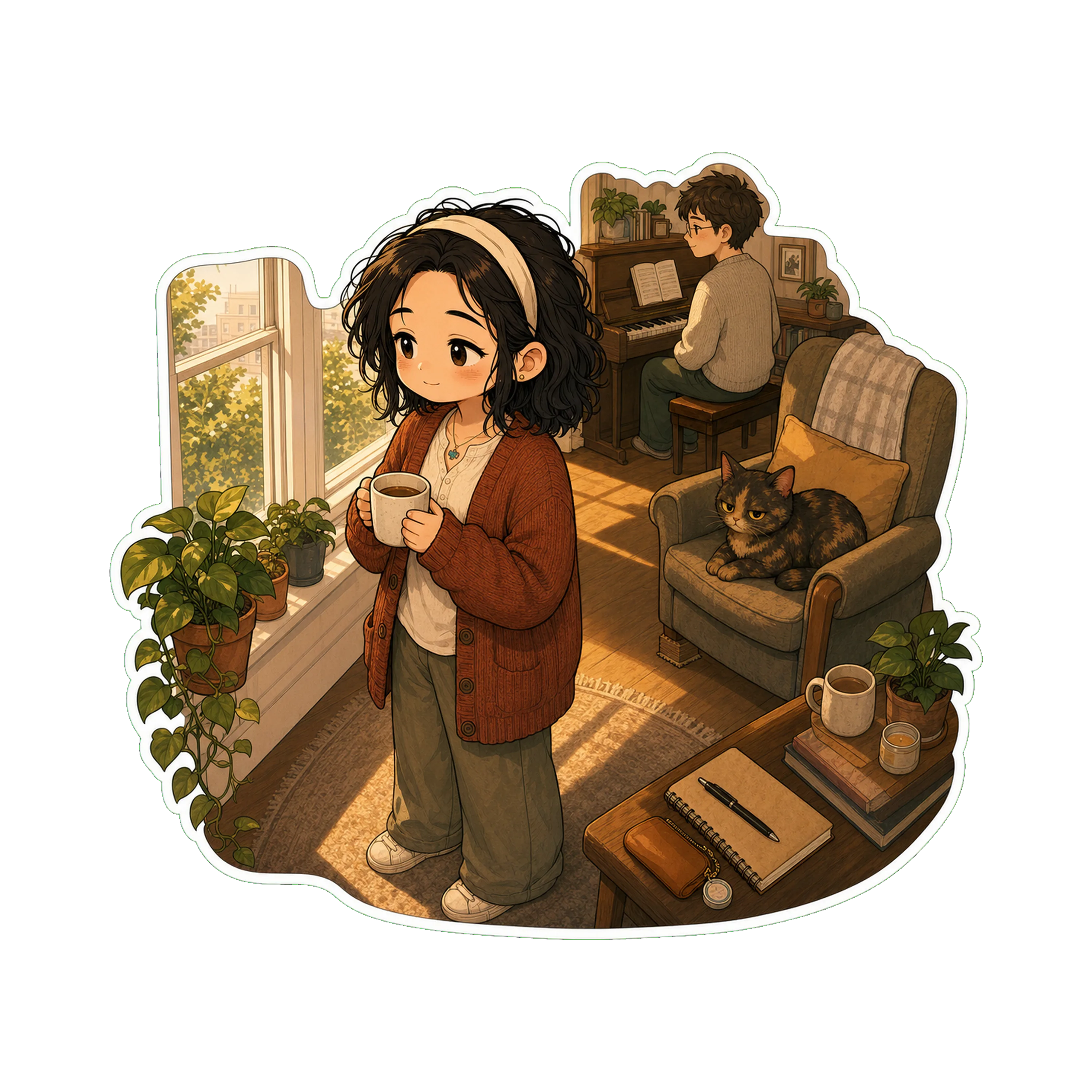 Jan by the new window in Sunday-at-four light, holding tea —  The light is the warmest version the brand has rendered (matching Pack 46 #07 — the new south-facing window does th…