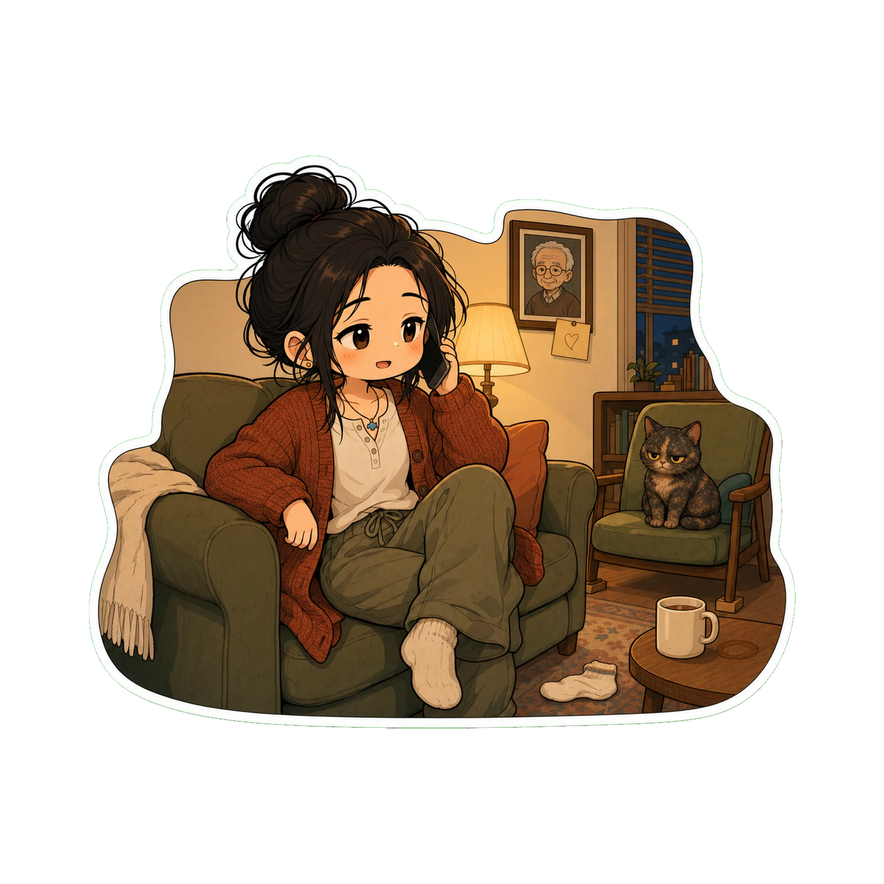 Jan on the new couch in the early evening, lamp on,  The wall with the framed grandfather photo + note visible in soft background