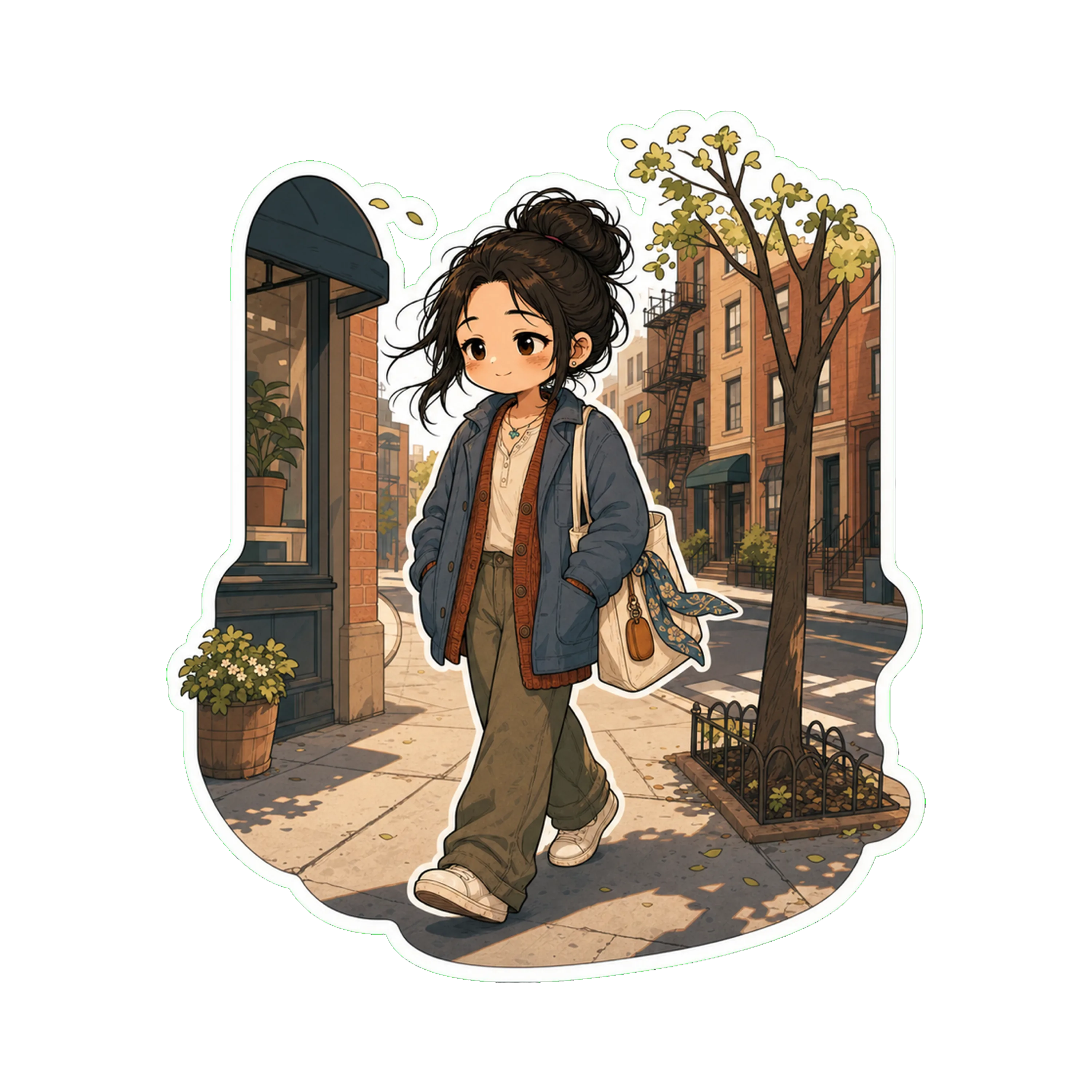 Jan walking down Manhattan Ave in the late afternoon —  The chore jacket over the rust cardigan, hands in pockets