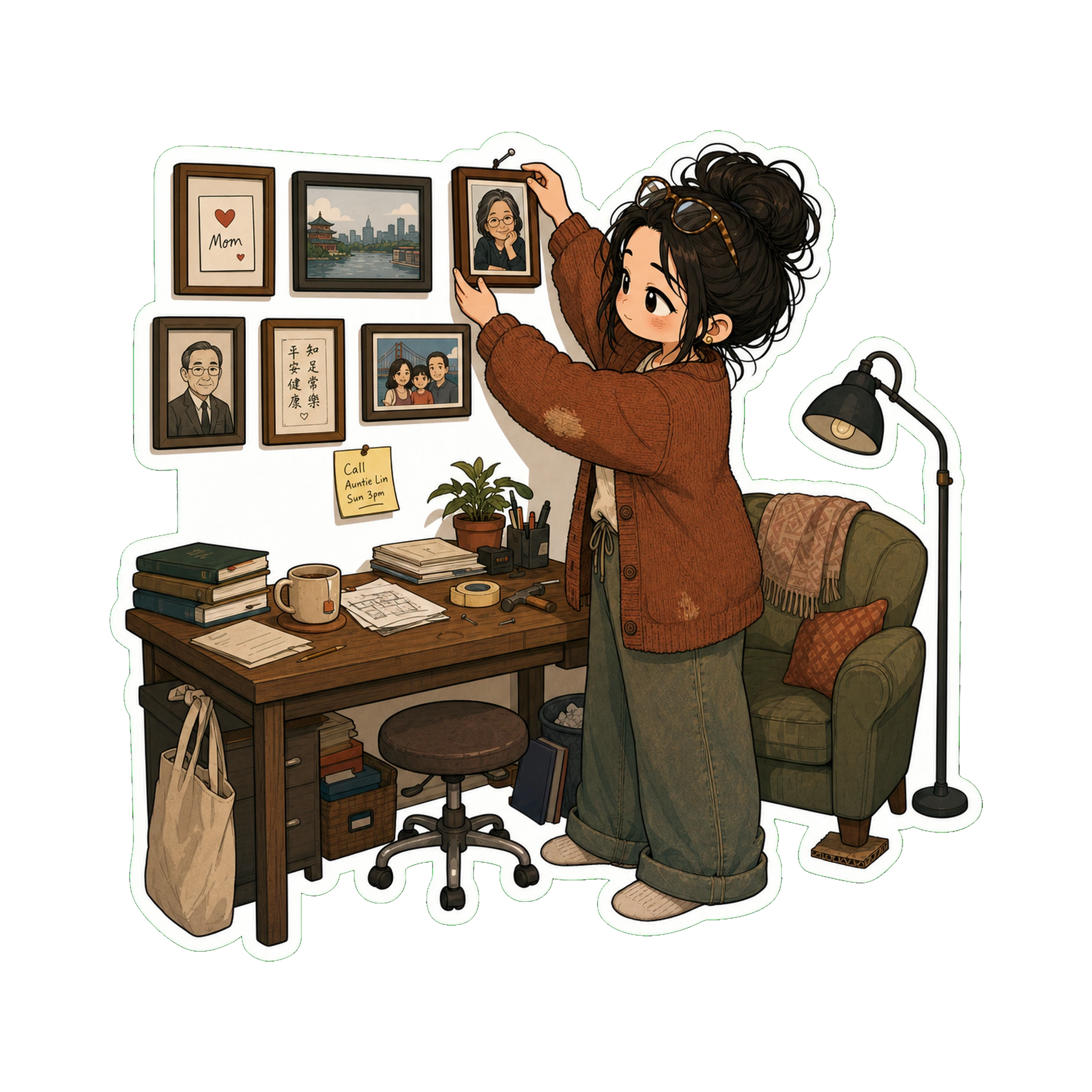 Jan is at the wall above the desk