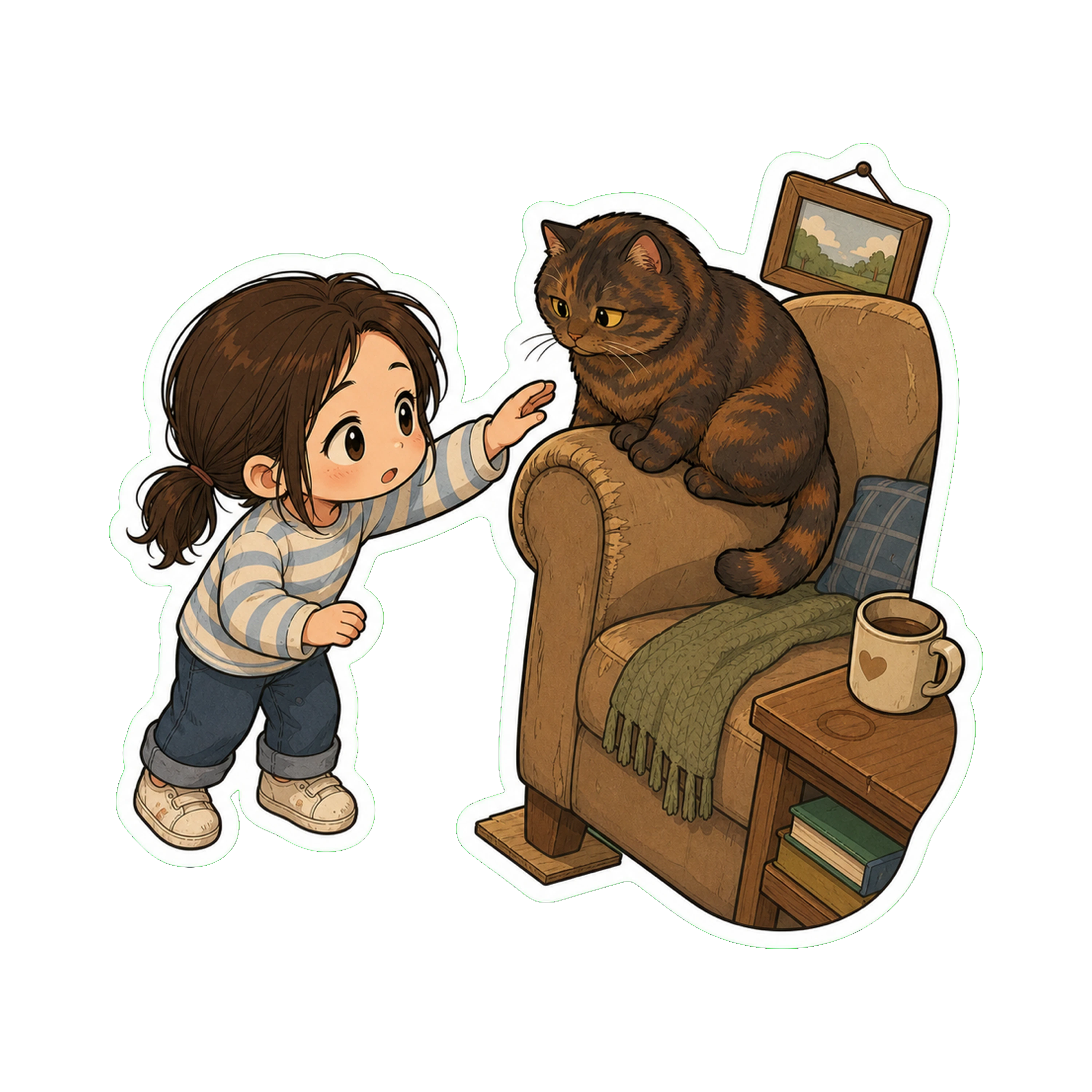 Mei, mid-careful-approach, hand extended in the small specific *please-let-me-pet-you* four-year-old position