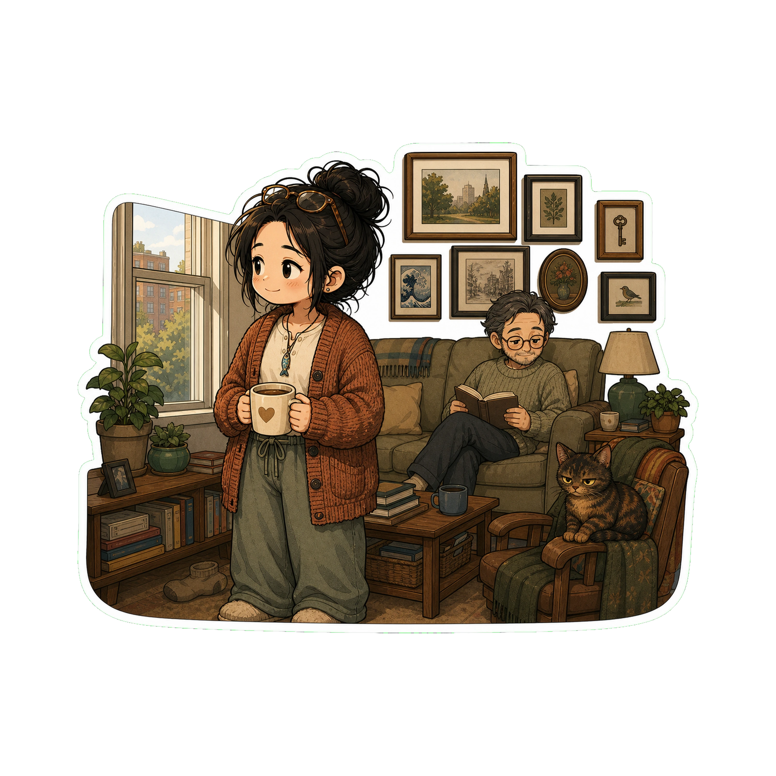 Jan by the window, holding tea